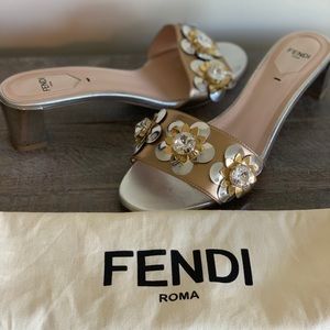 Fendi block metallic silver/gold sandal.